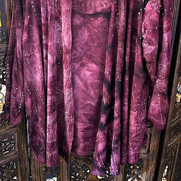 ELEMENTZ RUBY RED MAROON CRANBERRY DOUBLE SHIRT BLOUSE W/ MULTICOLOR SEQUINS 2X - Picture 2 of 5